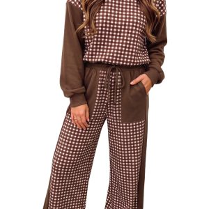 Plaid Pullover Pant Set, Wide Leg Casual Women's Outfit - Main View