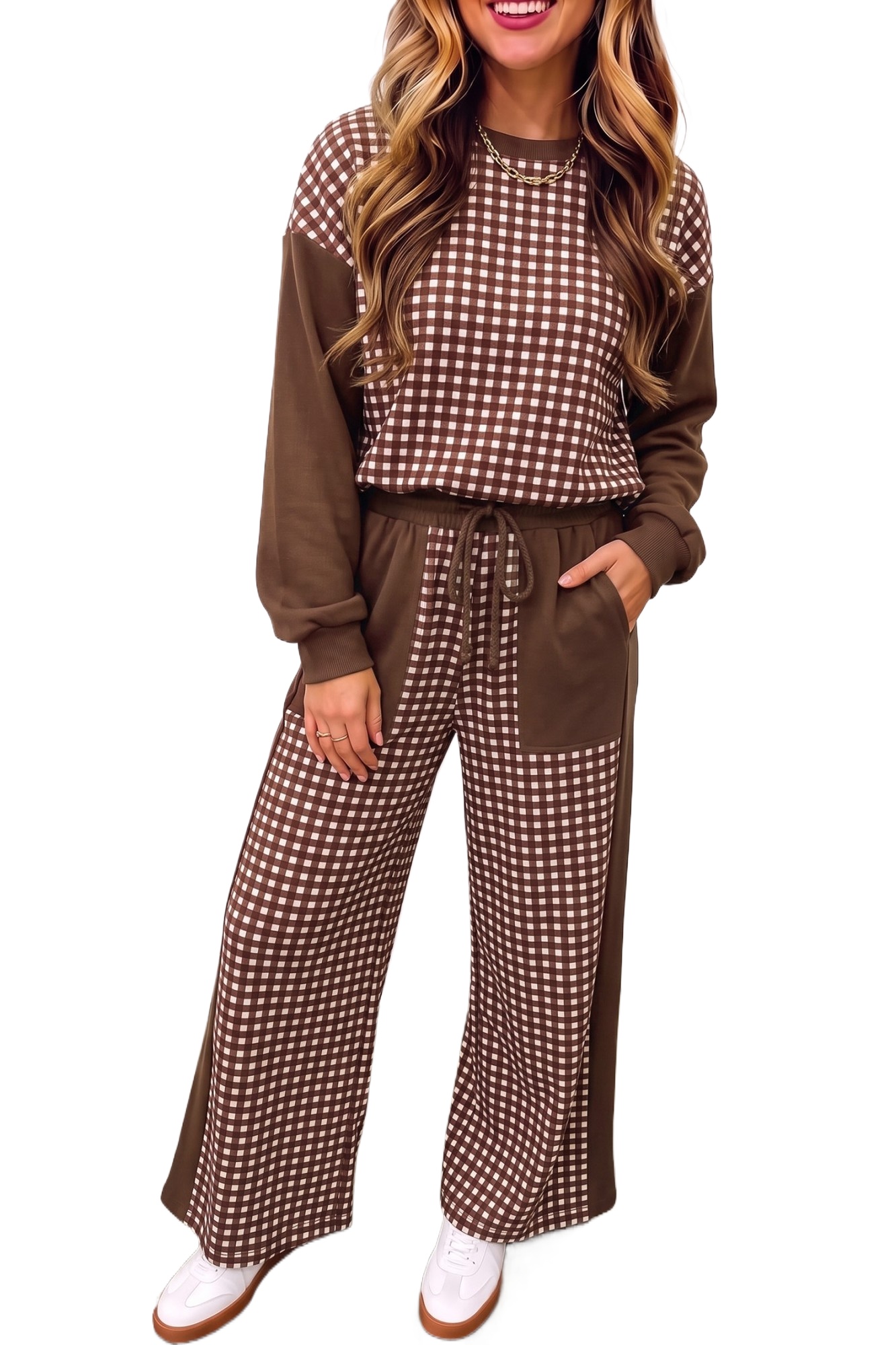 Plaid Pullover Pant Set, Wide Leg Casual Women's Outfit - Main View Plaid Pullover Pant Set, Wide Leg Casual Women's Outfit - Main View