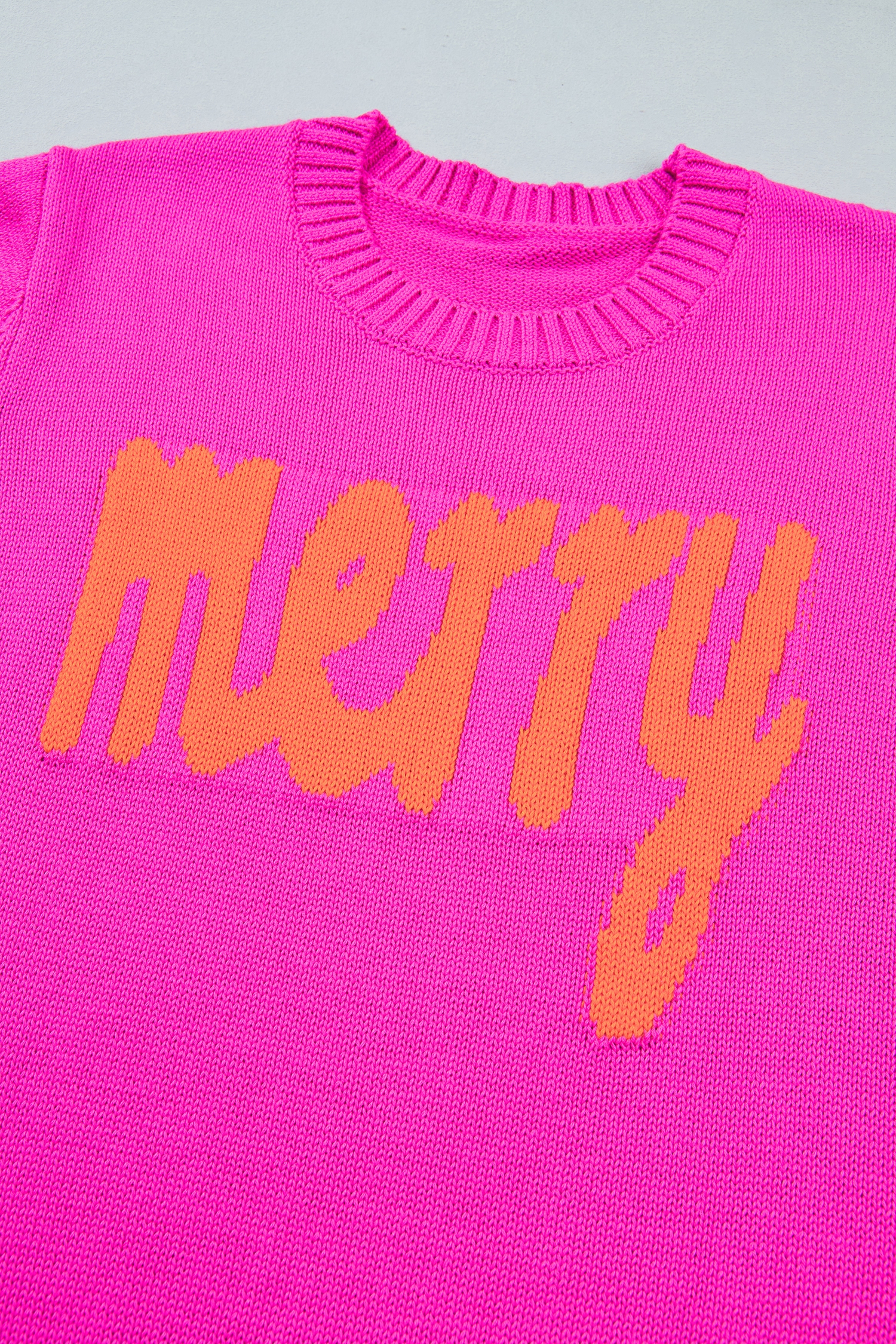 Women's Merry Print Knit Sweater, Rose Red Holiday Top - Detail View 8 Women's Merry Print Knit Sweater, Rose Red Holiday Top - Detail View 8