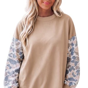 Women's Beige Camo Sweatshirt, Casual Crewneck Pullover - Main View