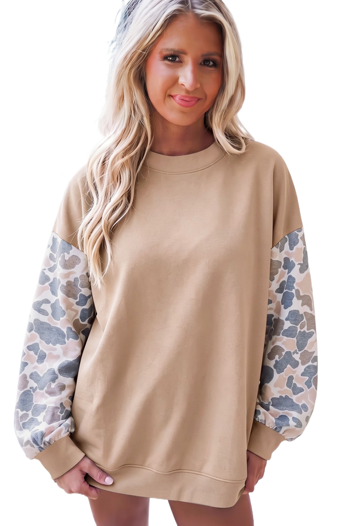 Women's Beige Camo Sweatshirt, Casual Crewneck Pullover - Main View Women's Beige Camo Sweatshirt, Casual Crewneck Pullover - Main View