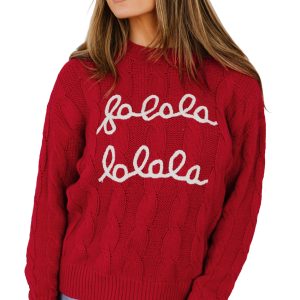 Women's Red Cable Knit Sweater, Casual Holiday Pullover - Main View