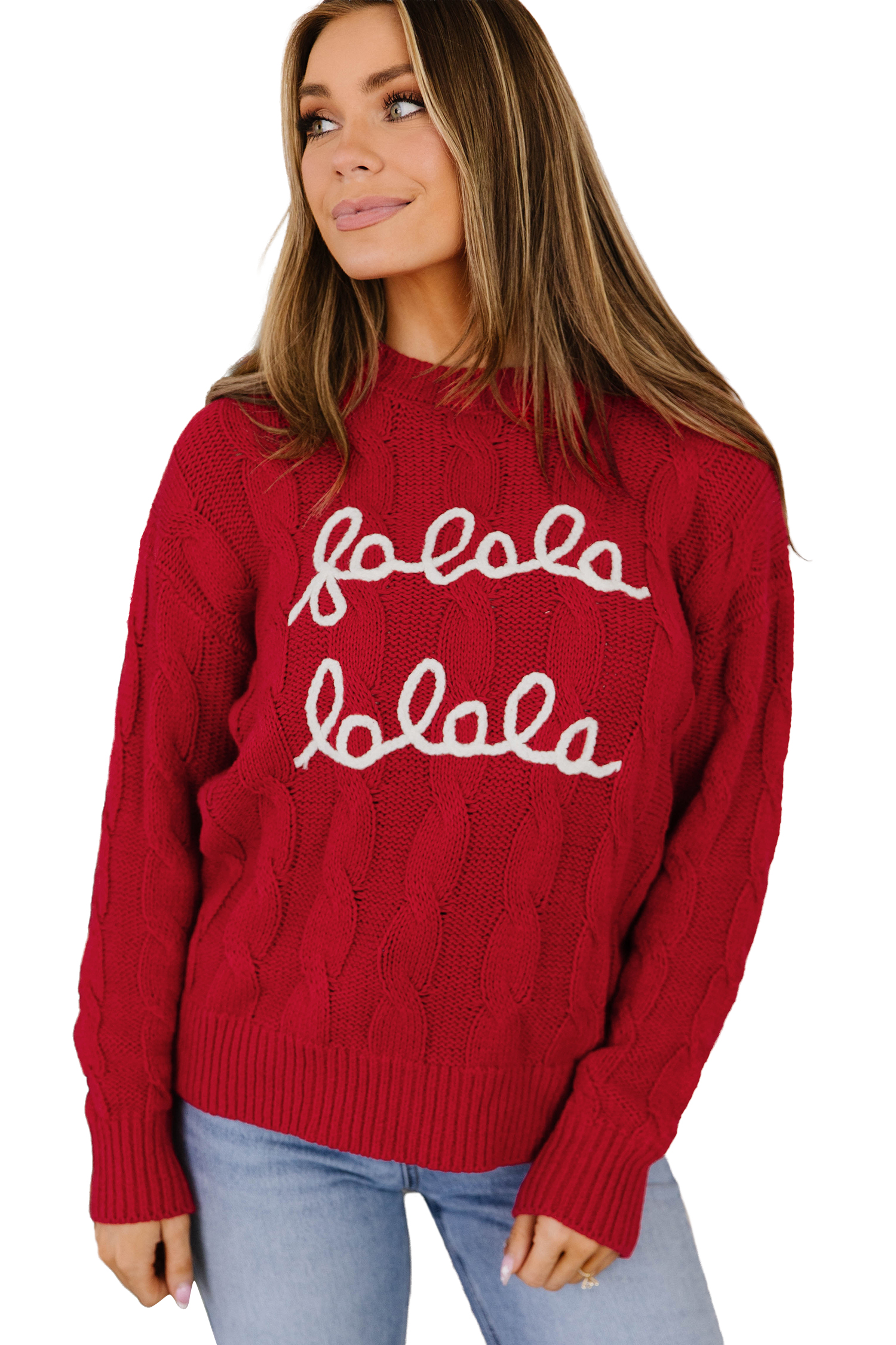 Women's Red Cable Knit Sweater, Casual Holiday Pullover - Main View Women's Red Cable Knit Sweater, Casual Holiday Pullover - Main View