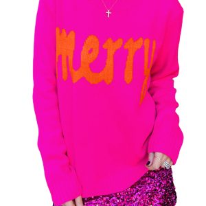 Women's Rose Red Merry Sweater, Loose Fit Casual Pullover - Main View
