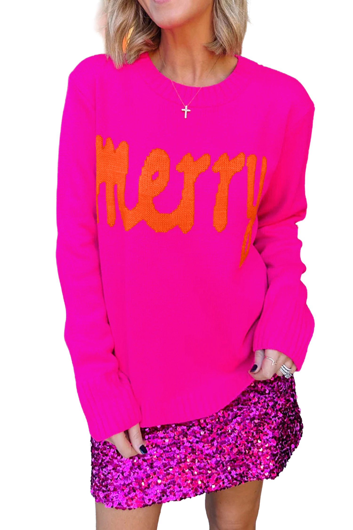 Women's Rose Red Merry Sweater, Loose Fit Casual Pullover - Main View Women's Rose Red Merry Sweater, Loose Fit Casual Pullover - Main View