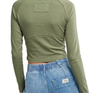 Women's Casual Panelled Top, Green Long Sleeve Tee - Main View