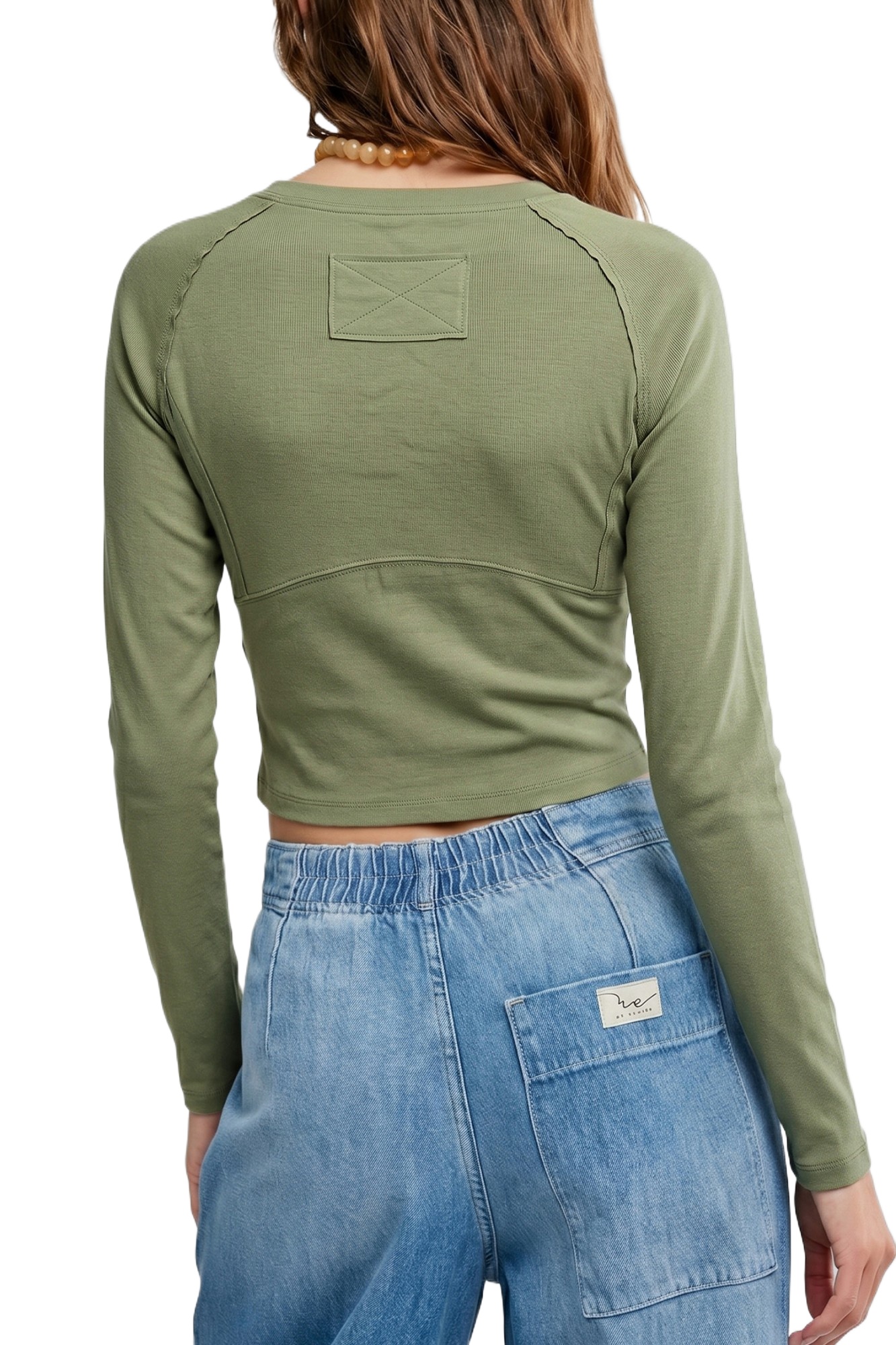 Women's Casual Panelled Top, Green Long Sleeve Tee - Main View Women's Casual Panelled Top, Green Long Sleeve Tee - Main View