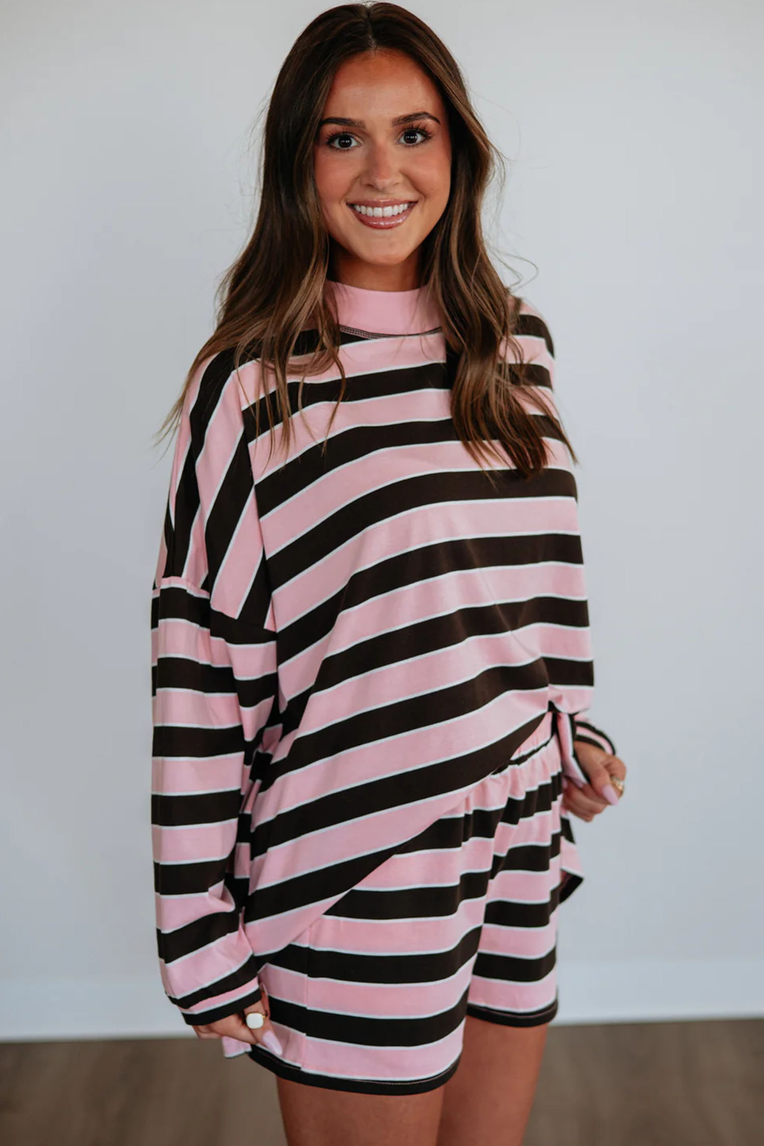 Women's Pink Stripe Lounge Set, Loose Long Sleeve Outfit - Detail View 5 Women's Pink Stripe Lounge Set, Loose Long Sleeve Outfit - Detail View 5