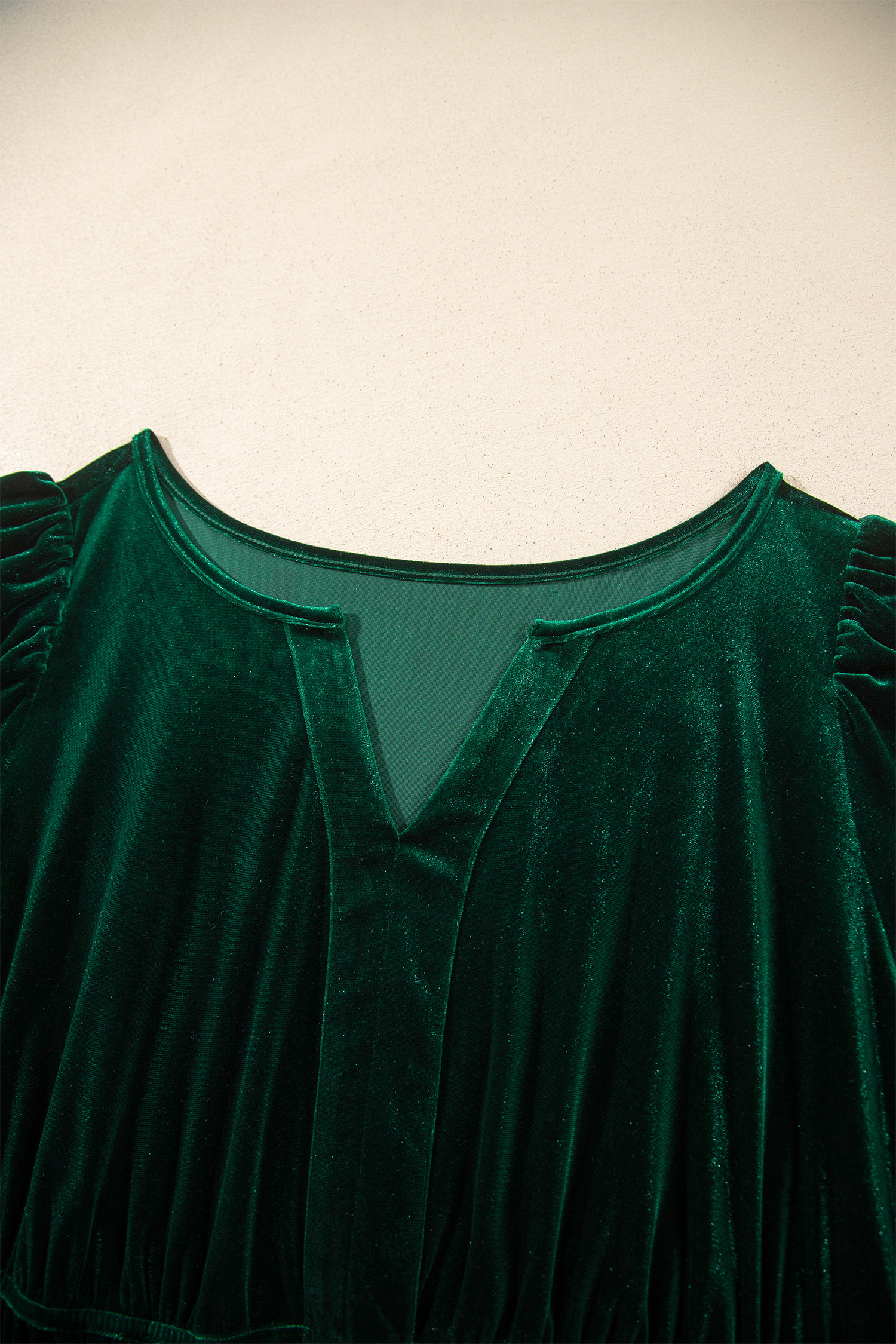 Solid Green Velvet Dress, Short Sleeve Shirred High Waist - Detail View 11 Solid Green Velvet Dress, Short Sleeve Shirred High Waist - Detail View 11