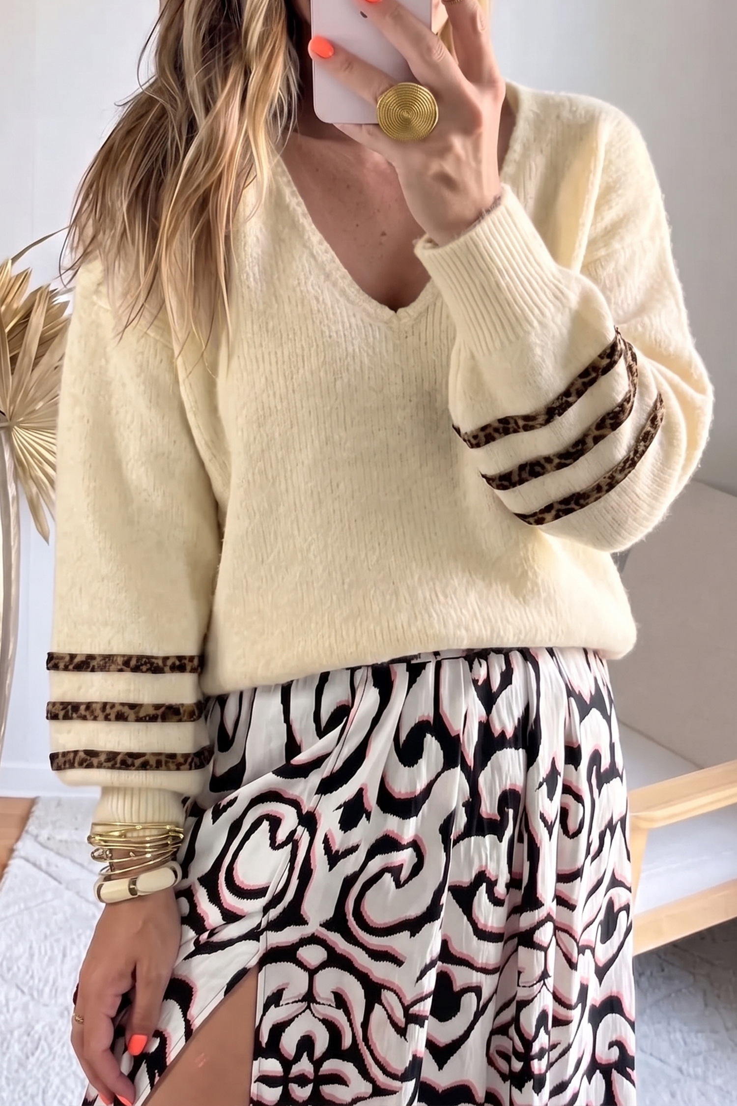 Cozy Beige Long Sleeve Sweater, Soft V Neck Pullover - Detail View 6 Cozy Beige Long Sleeve Sweater, Soft V Neck Pullover - Detail View 6