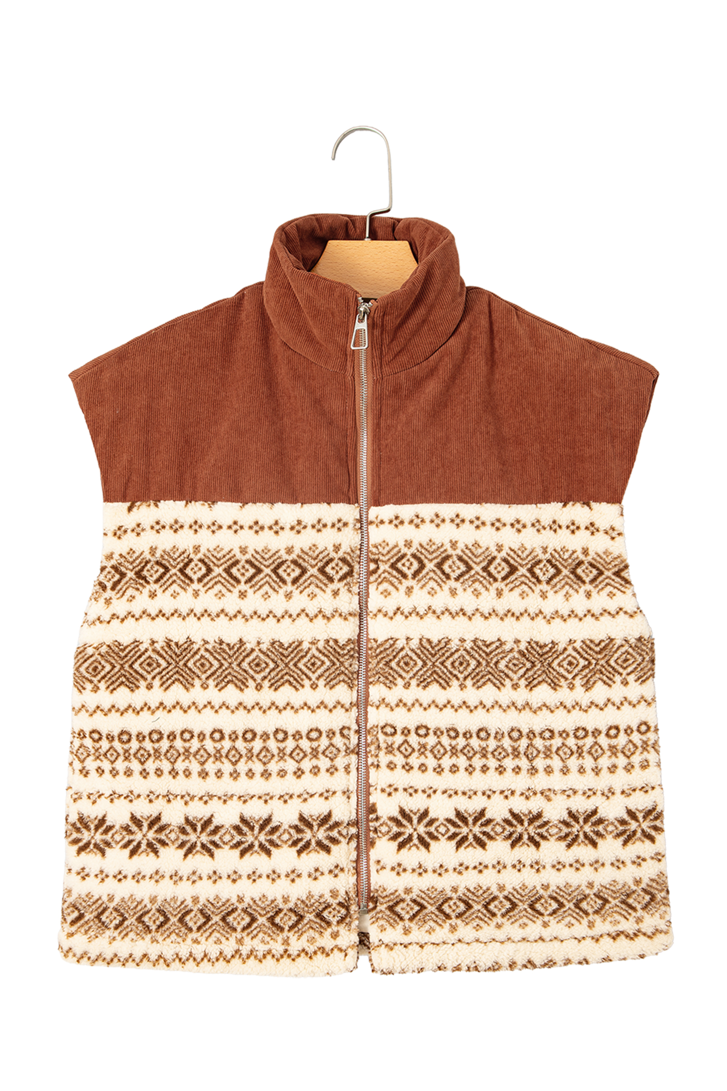 Western Geometric Print Vest, Brown Fleece Stand Neck Zip - Detail View 5 Western Geometric Print Vest, Brown Fleece Stand Neck Zip - Detail View 5