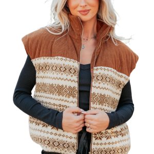 Women's Geometric Fleece Vest, Casual Brown Patchwork Top - Main View