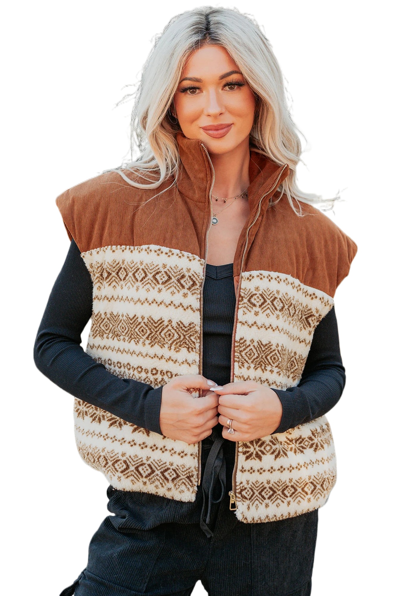 Women's Geometric Fleece Vest, Casual Brown Patchwork Top - Main View Women's Geometric Fleece Vest, Casual Brown Patchwork Top - Main View