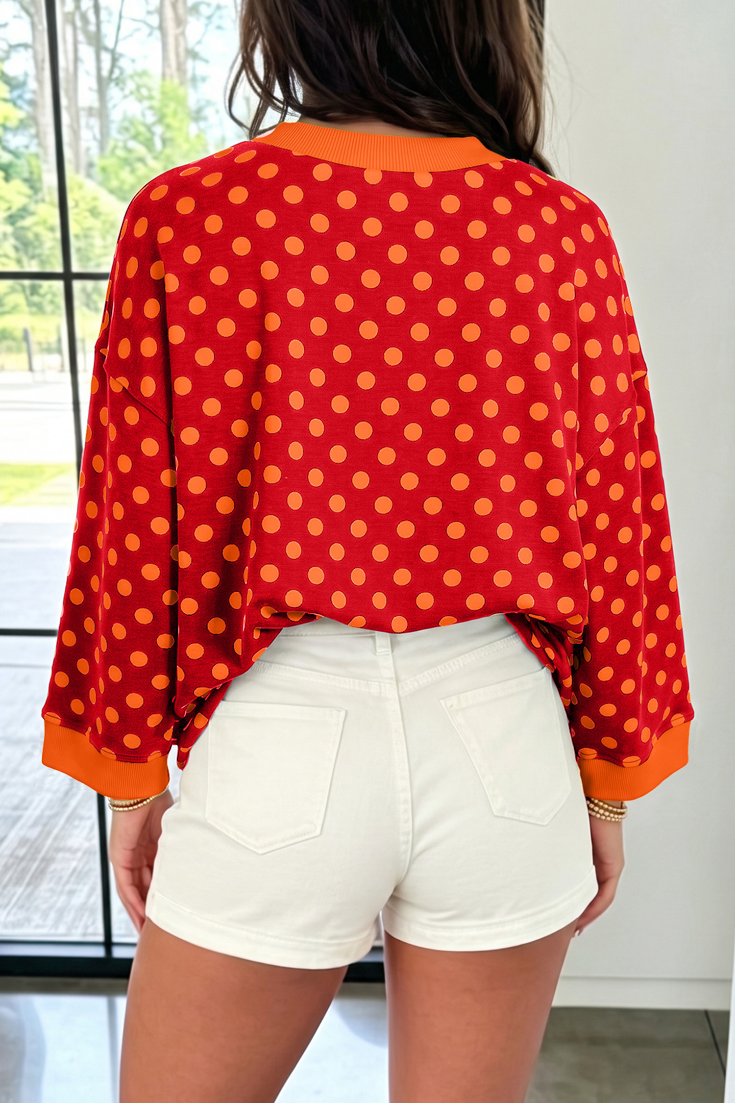 Women's Red Polka Dot Blouse, Trendy Contrast Trim - Detail View 2 Women's Red Polka Dot Blouse, Trendy Contrast Trim - Detail View 2