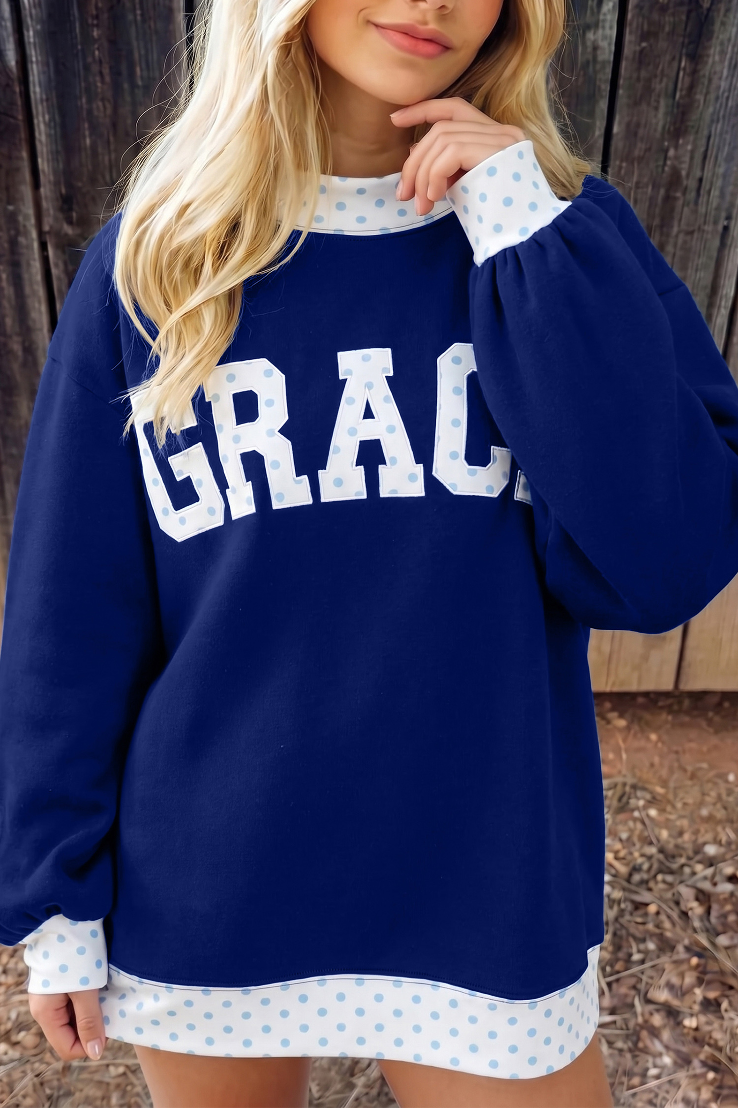 Women's Polka Dot Trim Graphic Pullover, Mock Neck Style - Detail View 2 Women's Polka Dot Trim Graphic Pullover, Mock Neck Style - Detail View 2