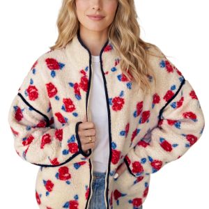 Women's Floral Fleece Jacket, Casual Stand Collar Coat - Main View