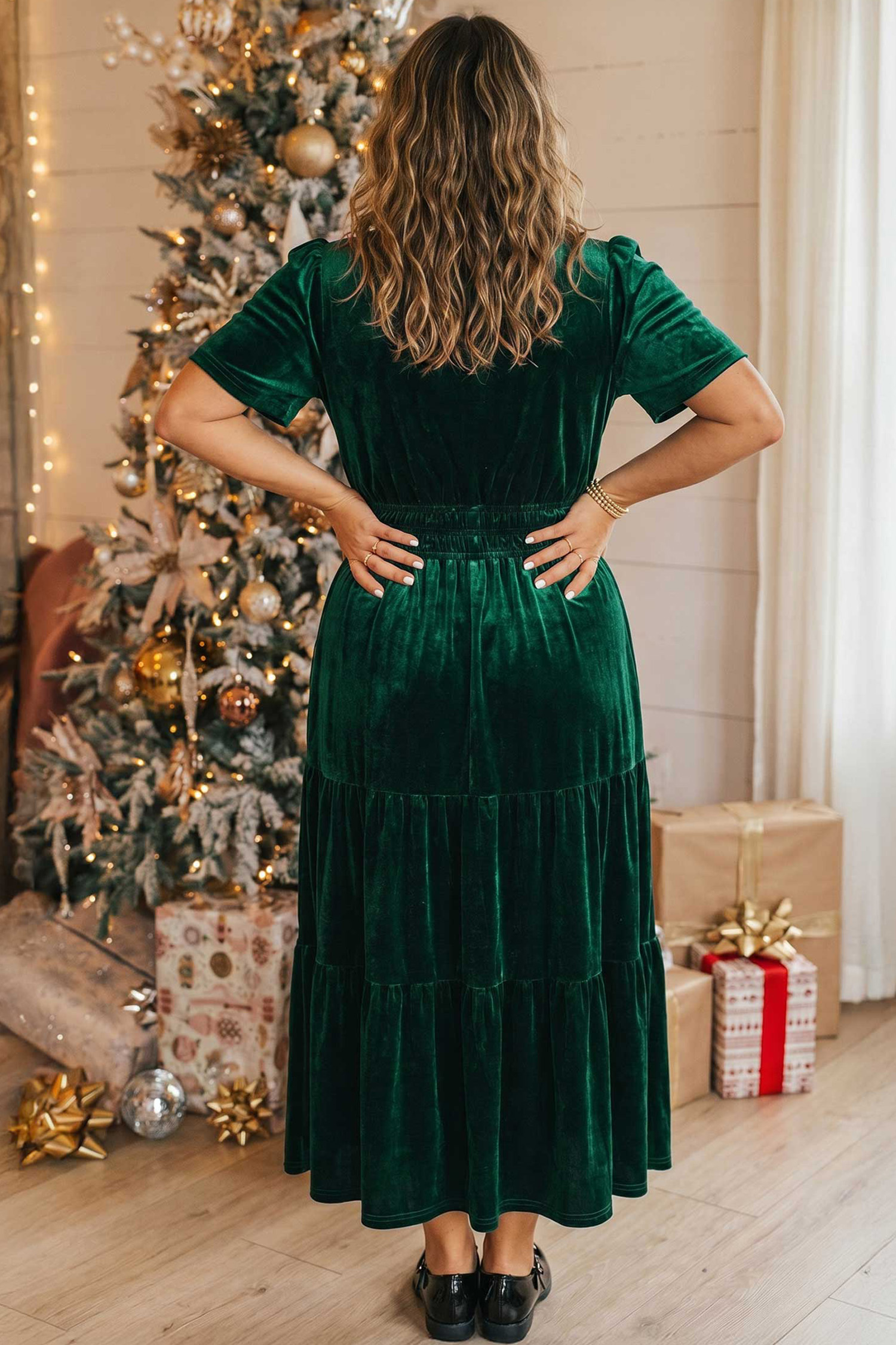 Solid Green Velvet Dress, Short Sleeve Shirred High Waist - Detail View 2 Solid Green Velvet Dress, Short Sleeve Shirred High Waist - Detail View 2