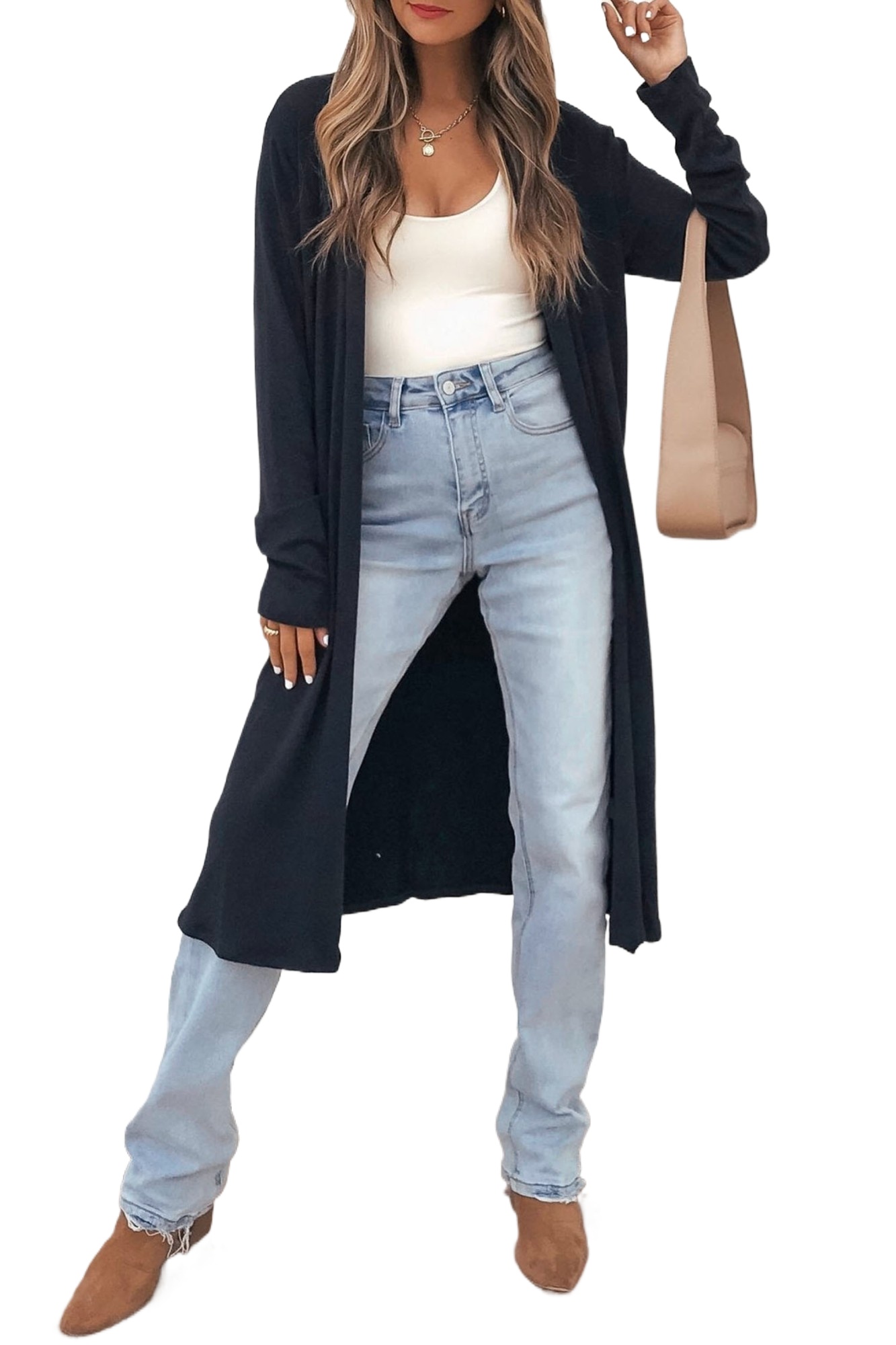Women's Open Front Long Cardigan, Casual Daily Fall Layer - Main View Women's Open Front Long Cardigan, Casual Daily Fall Layer - Main View