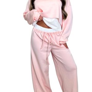Women's Pink Lounge Set, Casual Long Sleeve Two Piece - Main View