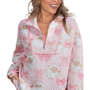 Women's Quilted Sweatshirt, Casual Pink Christmas Top - Main View