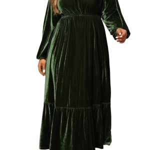 Women's Velvet Long Sleeve Maxi Dress, Casual V Neck Green - Main View