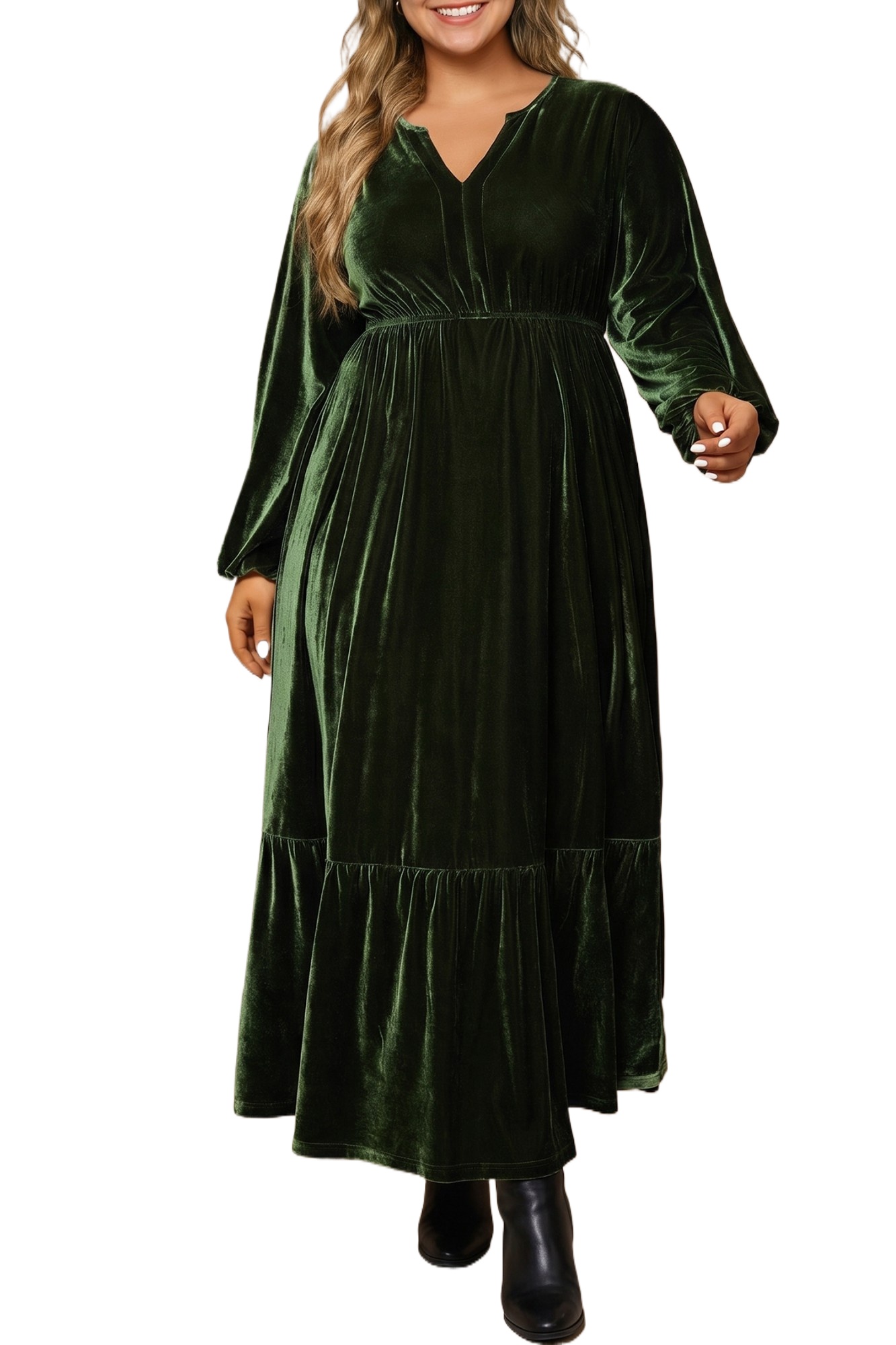 Women's Velvet Long Sleeve Maxi Dress, Casual V Neck Green - Main View Women's Velvet Long Sleeve Maxi Dress, Casual V Neck Green - Main View