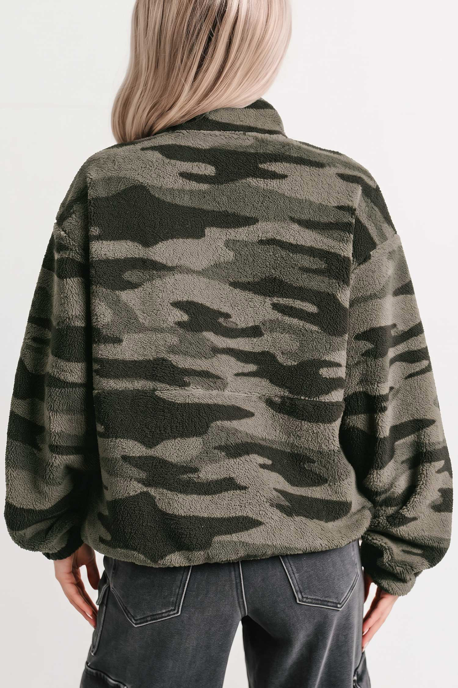 Women's Camouflage Fleece Pullover, Trendy Half Zip Top - Detail View 2 Women's Camouflage Fleece Pullover, Trendy Half Zip Top - Detail View 2