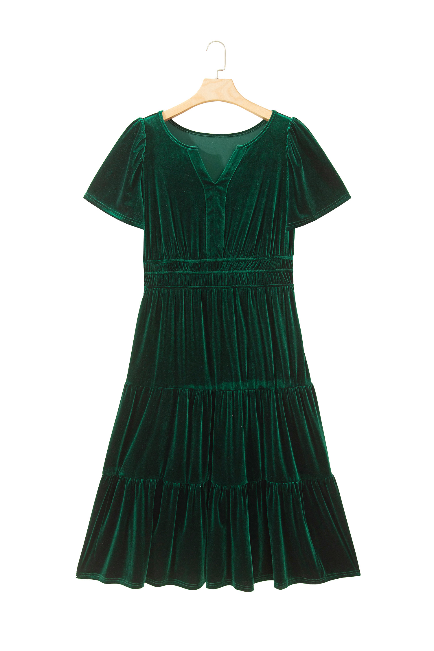 Solid Green Velvet Dress, Short Sleeve Shirred High Waist - Detail View 8 Solid Green Velvet Dress, Short Sleeve Shirred High Waist - Detail View 8