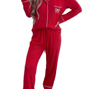 Women's Racing Red Pajama Set, Long Sleeve Button Sleepwear - Main View