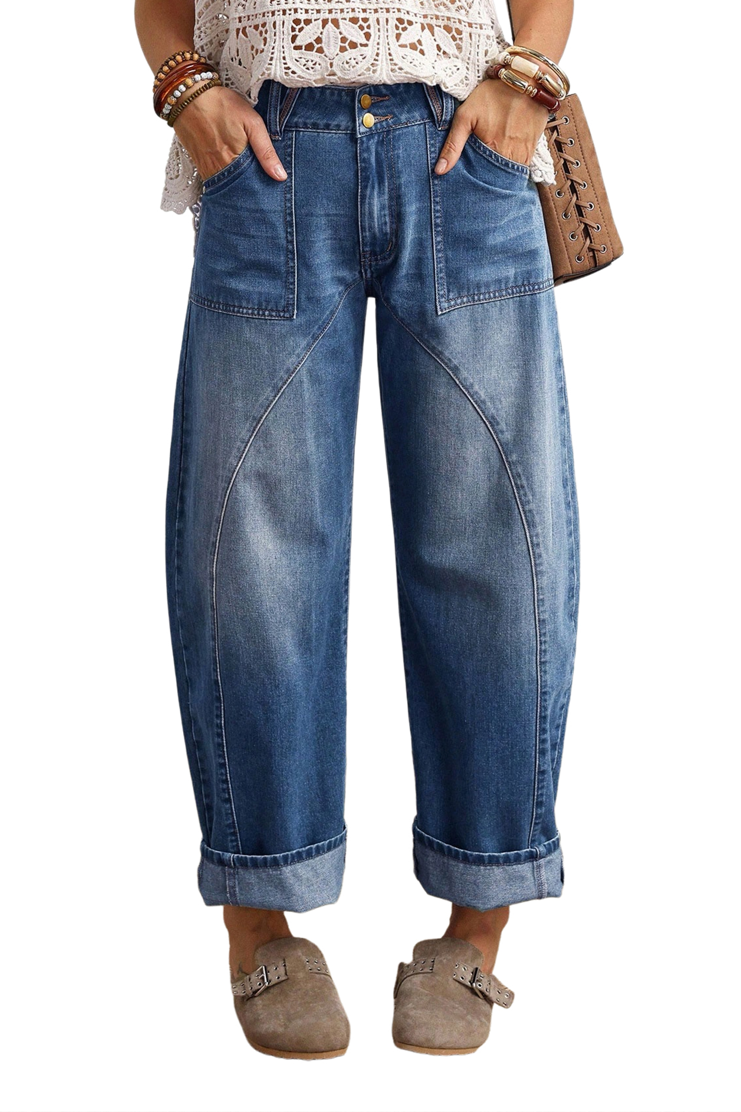 Women's Ashleigh Blue Barrel Jeans, Casual Ankle Pants - Main View Women's Ashleigh Blue Barrel Jeans, Casual Ankle Pants - Main View