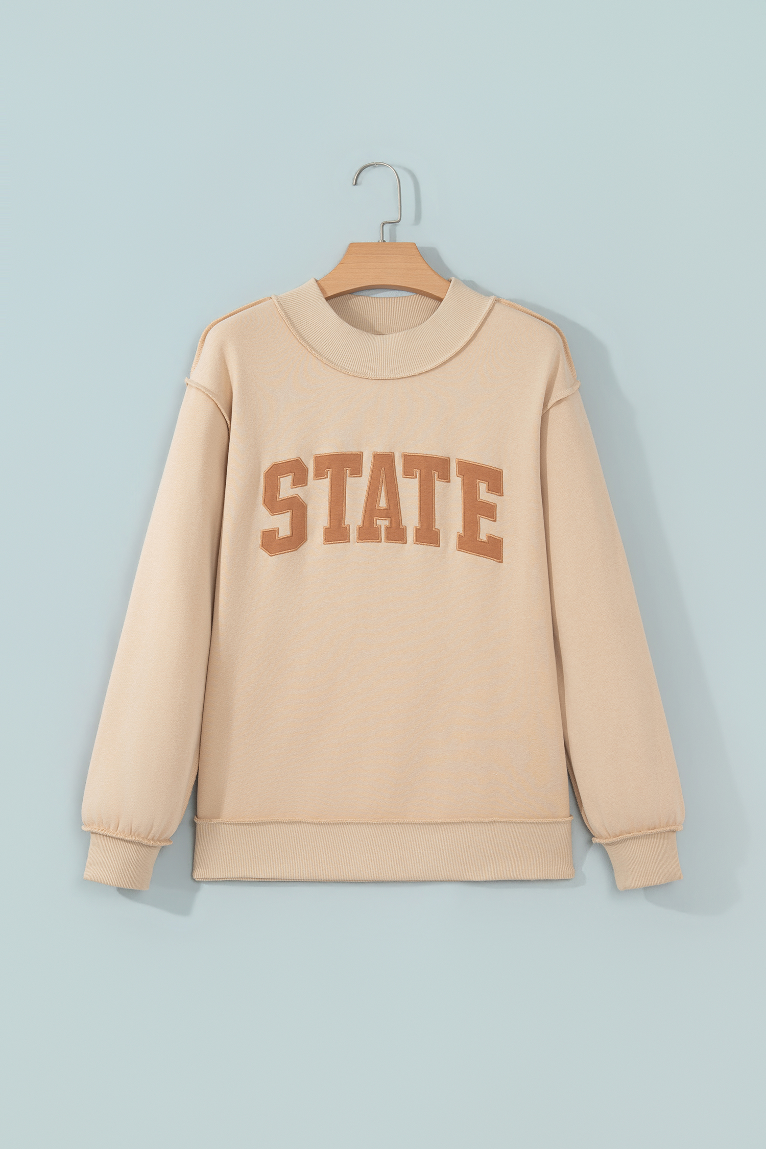 Women's Loose Cotton Blend Sweatshirt, STATE Letter Pullover - Detail View 3 Women's Loose Cotton Blend Sweatshirt, STATE Letter Pullover - Detail View 3