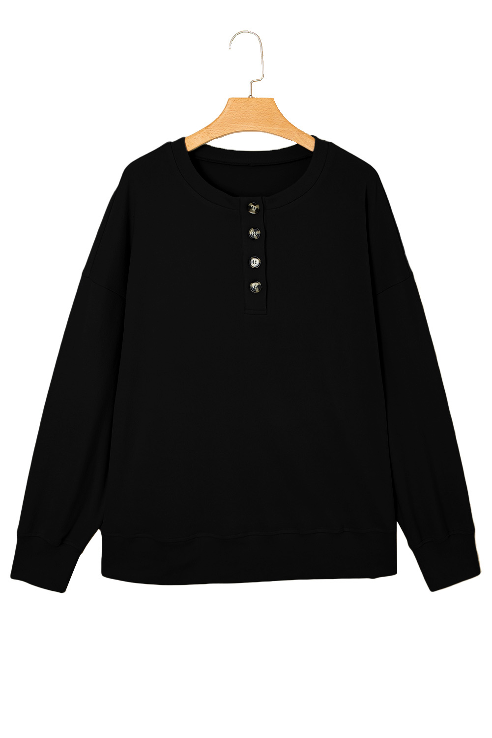 Women's Plus Size Sweatshirt, Casual Black Button Pullover - Detail View 7 Women's Plus Size Sweatshirt, Casual Black Button Pullover - Detail View 7