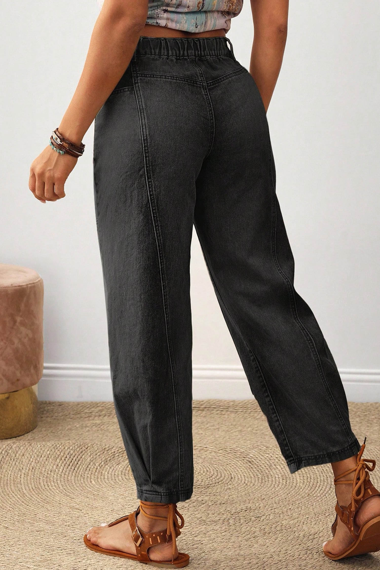 Women's Seam Patchwork Jeans, Carbon Grey Casual Fit - Detail View 2 Women's Seam Patchwork Jeans, Carbon Grey Casual Fit - Detail View 2