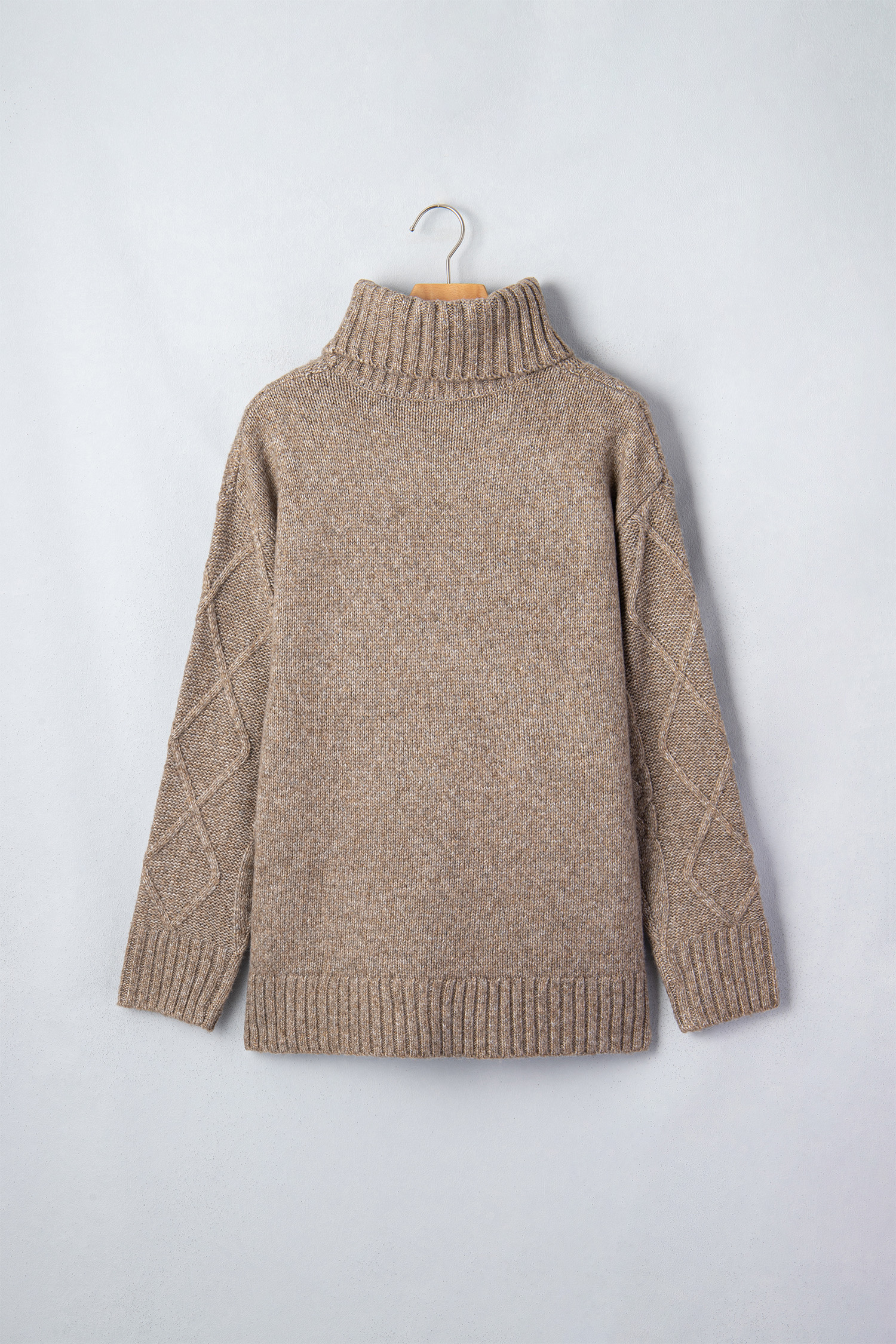 Cable Knit Women's Drop Shoulder Sweater, Khaki Mock Neck - Detail View 5 Cable Knit Women's Drop Shoulder Sweater, Khaki Mock Neck - Detail View 5