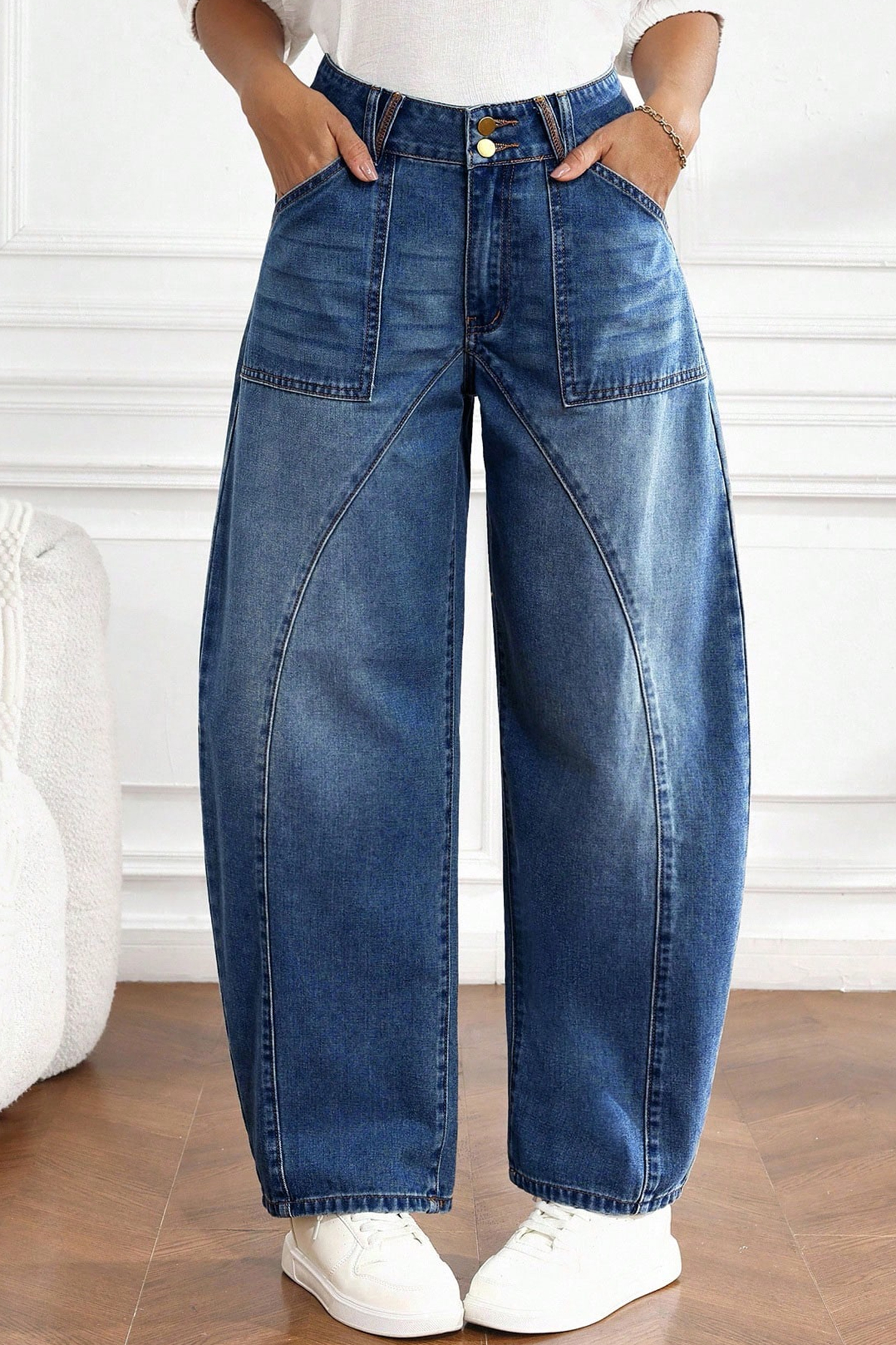 Women's Curved Knife Barrel Jeans, Ankle Length Denim - Detail View 5 Women's Curved Knife Barrel Jeans, Ankle Length Denim - Detail View 5