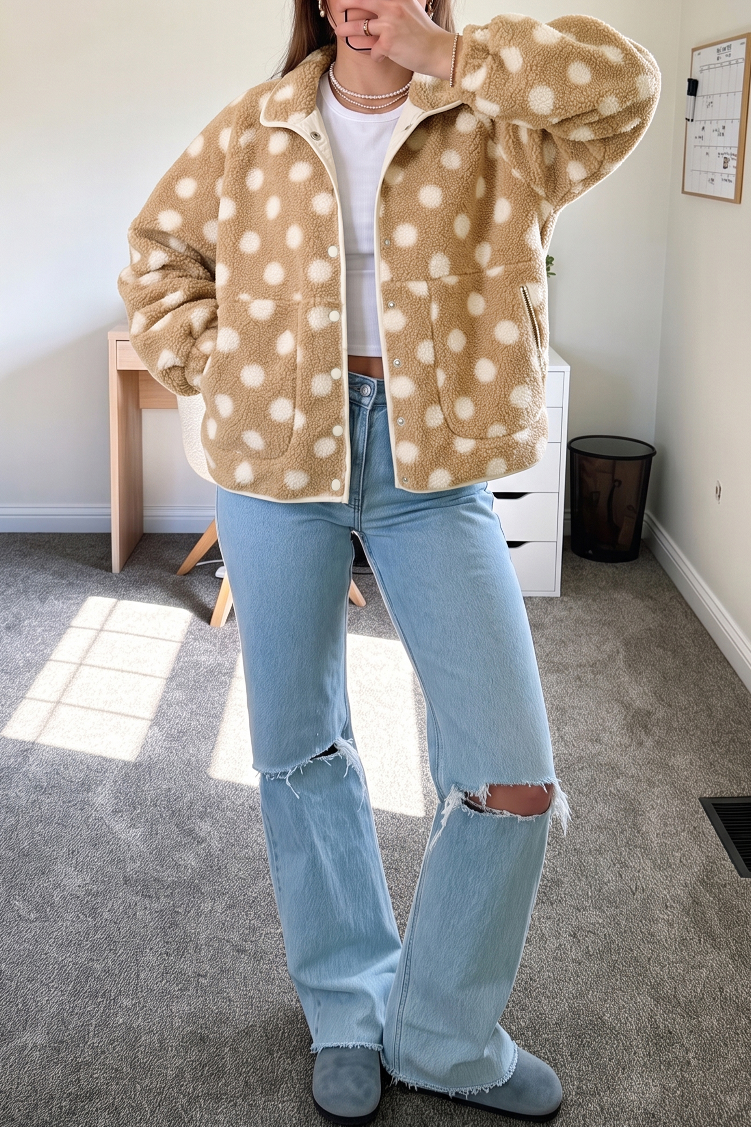 Women's Polka Dot Fleece Jacket, Warm Khaki Sherpa Coat - Detail View 5 Women's Polka Dot Fleece Jacket, Warm Khaki Sherpa Coat - Detail View 5