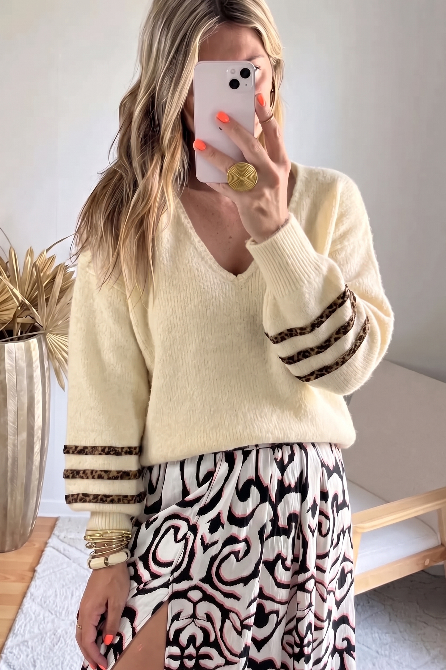 Cozy Beige Long Sleeve Sweater, Soft V Neck Pullover - Detail View 3 Cozy Beige Long Sleeve Sweater, Soft V Neck Pullover - Detail View 3