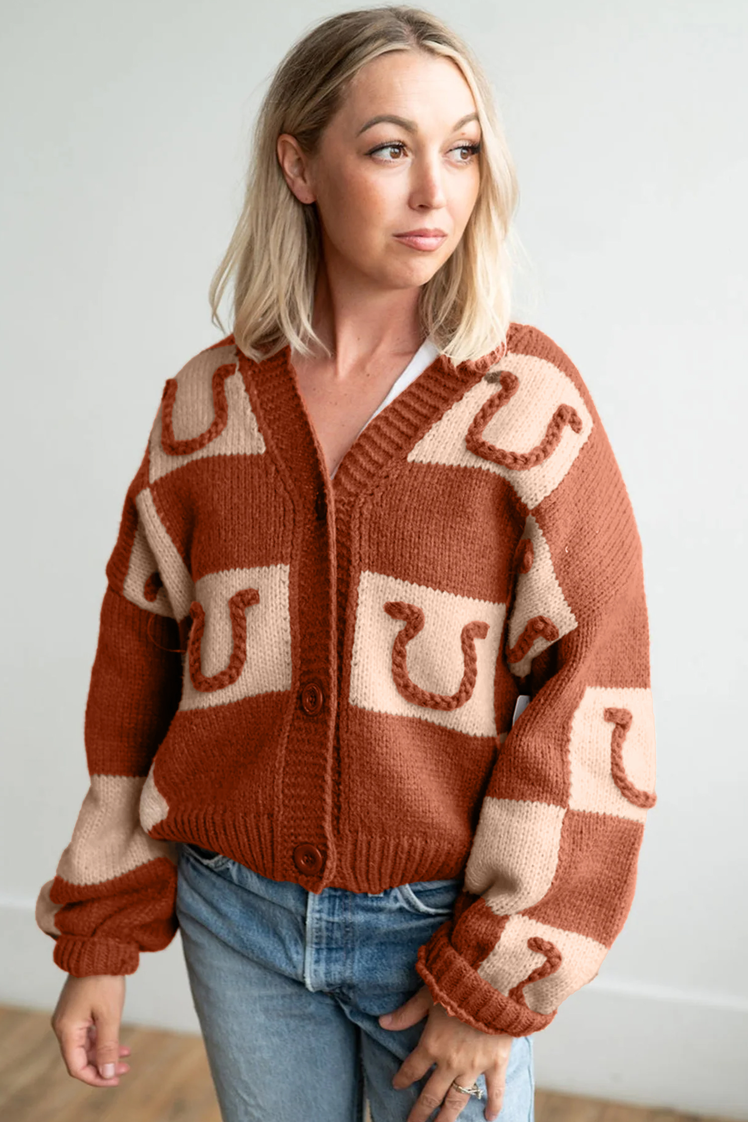 Western Plaid V Neck Cardigan, Women's Horseshoe Button Knit - Detail View 5 Western Plaid V Neck Cardigan, Women's Horseshoe Button Knit - Detail View 5