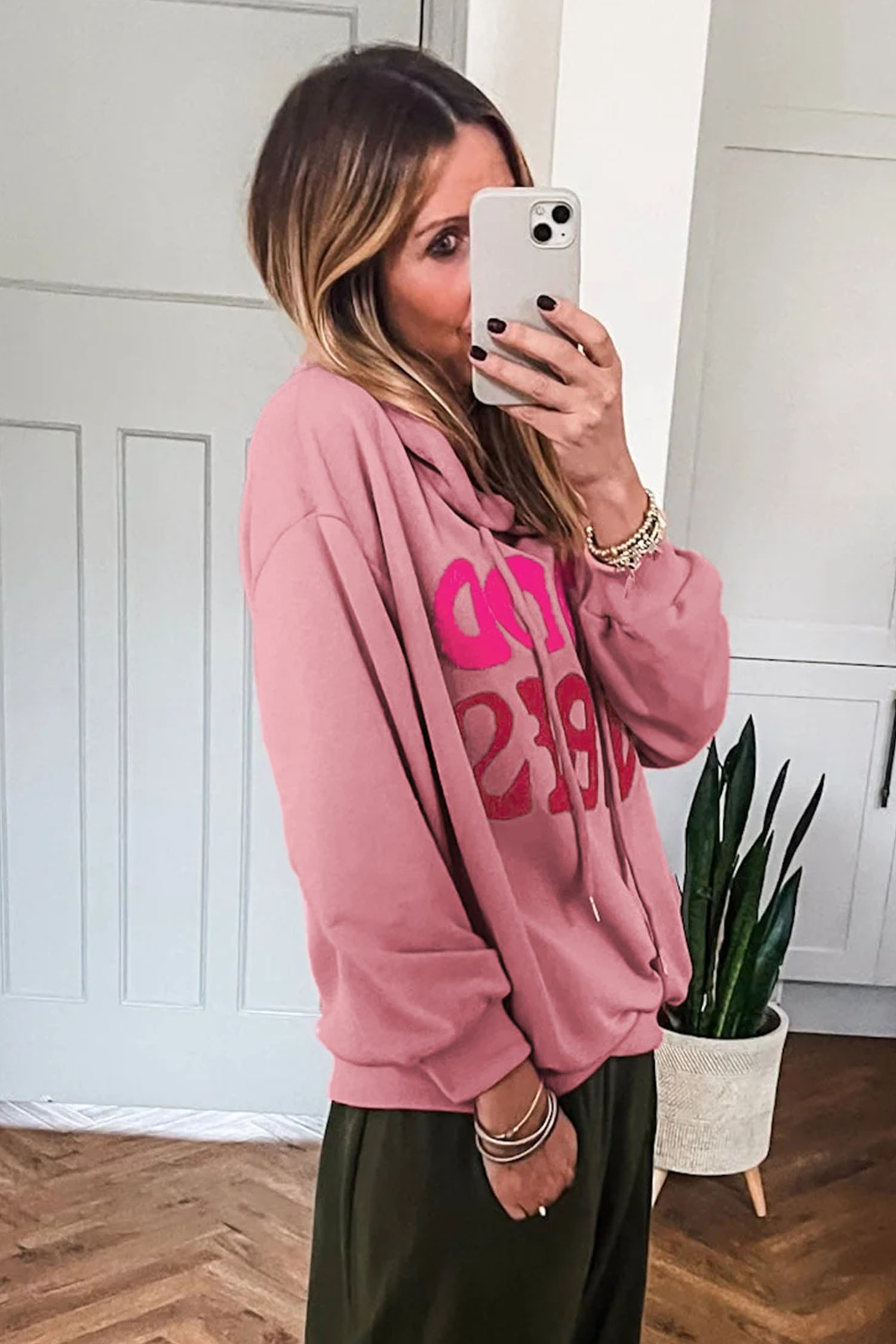 Women's Graphic Hoodie, Chenille Letter Good Vibes Top - Detail View 2 Women's Graphic Hoodie, Chenille Letter Good Vibes Top - Detail View 2