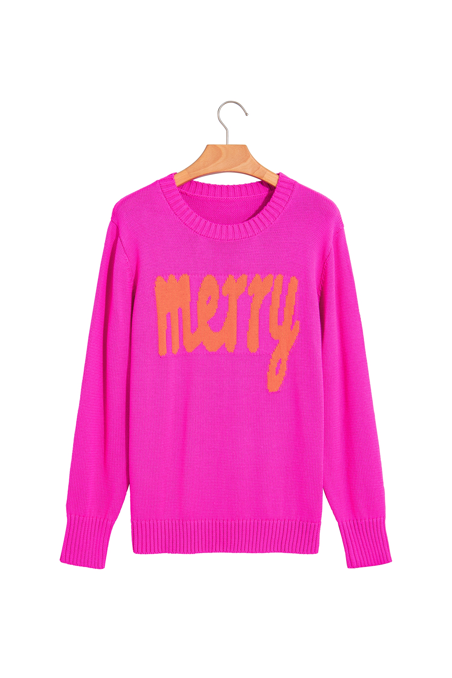 Women's Merry Print Knit Sweater, Rose Red Holiday Top - Detail View 5 Women's Merry Print Knit Sweater, Rose Red Holiday Top - Detail View 5