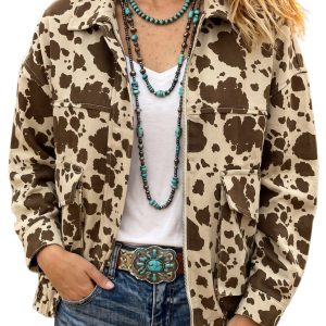 Women's Cow Print Denim Jacket, Casual Western Cargo Coat - Main View