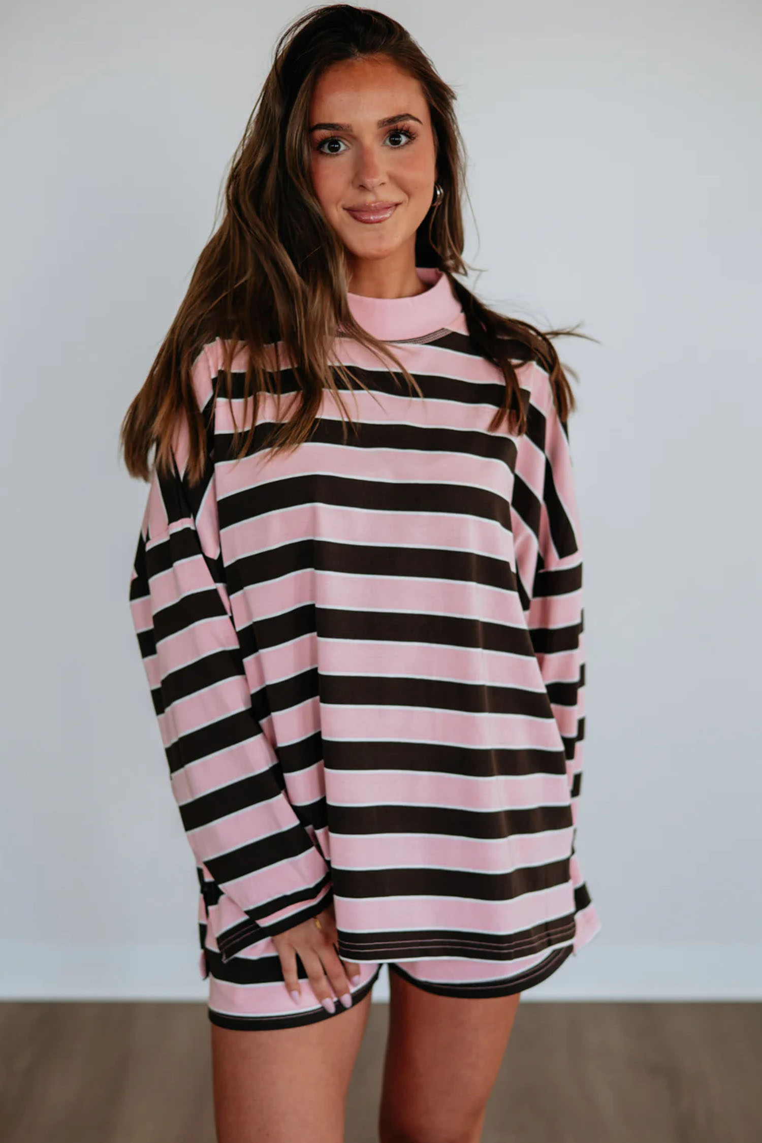 Women's Cotton Striped Set, Relaxed Long Sleeve Shorts - Detail View 6 Women's Cotton Striped Set, Relaxed Long Sleeve Shorts - Detail View 6