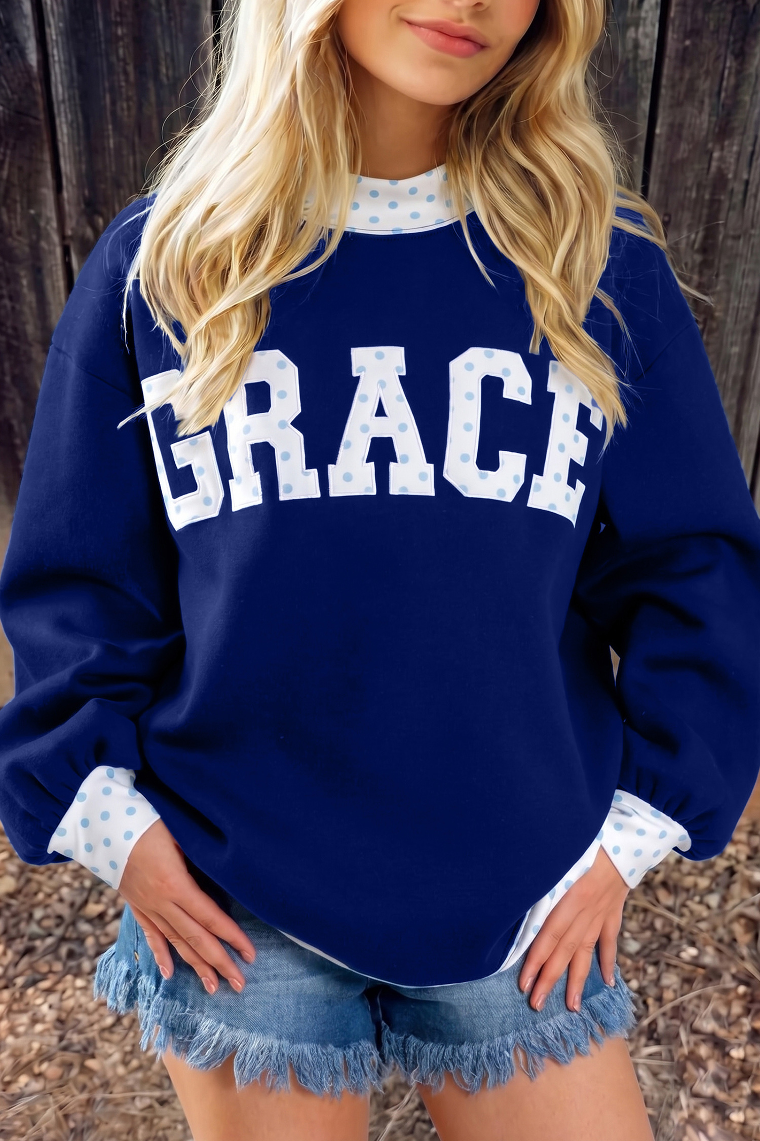 Women's Dirty Blue Oversized Sweatshirt, Autumn Letter Top - Detail View 3 Women's Dirty Blue Oversized Sweatshirt, Autumn Letter Top - Detail View 3