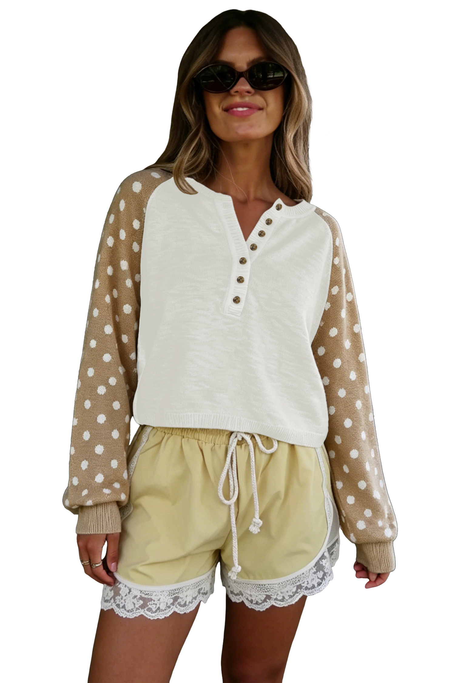 Polka Dot V Neck Sweater, Women's Casual Long Sleeve - Main View Polka Dot V Neck Sweater, Women's Casual Long Sleeve - Main View