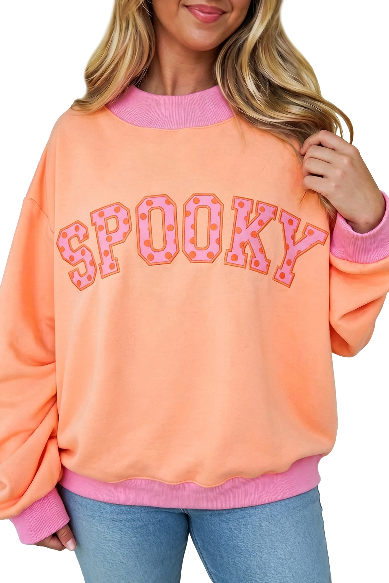 Women's Halloween Slogan Pullover, Contrast Polka Dot Print - Detail View 2 Women's Halloween Slogan Pullover, Contrast Polka Dot Print - Detail View 2