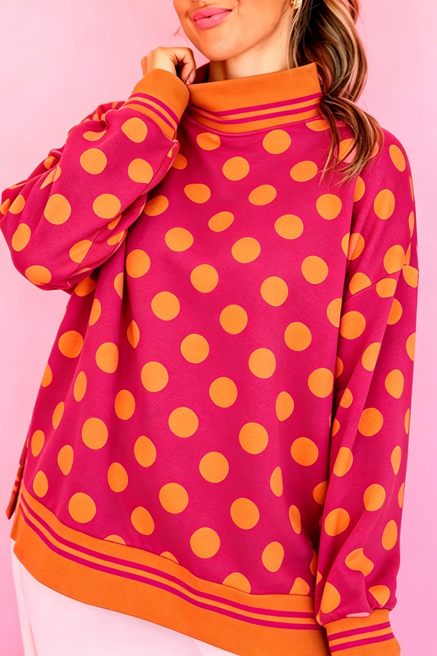 Women's Polka Dot Print Pullover, Striped Trim Sweatshirt - Detail View 2 Women's Polka Dot Print Pullover, Striped Trim Sweatshirt - Detail View 2