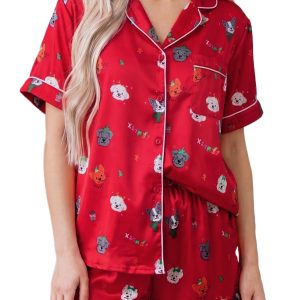 Women's Christmas Dog Pajama Set, Red Satin Lounge Wear - Main View
