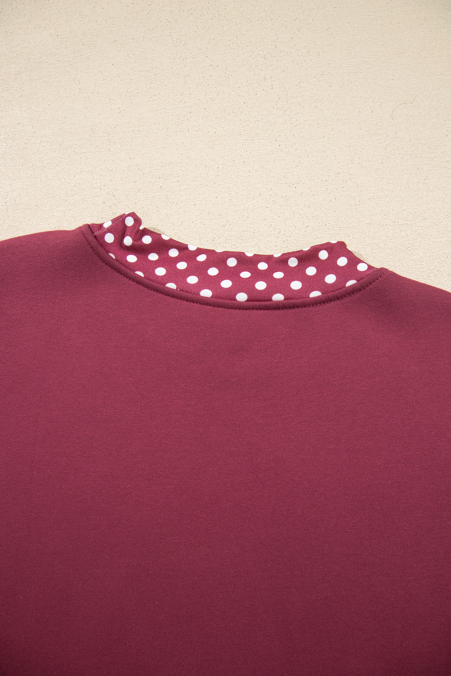 Women's Polka Dot Sweatshirt, Casual Burgundy Pullover - Detail View 7 Women's Polka Dot Sweatshirt, Casual Burgundy Pullover - Detail View 7
