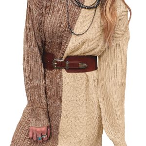 Women's Turtleneck Sweater Dress, Cable Knit Color Block - Main View