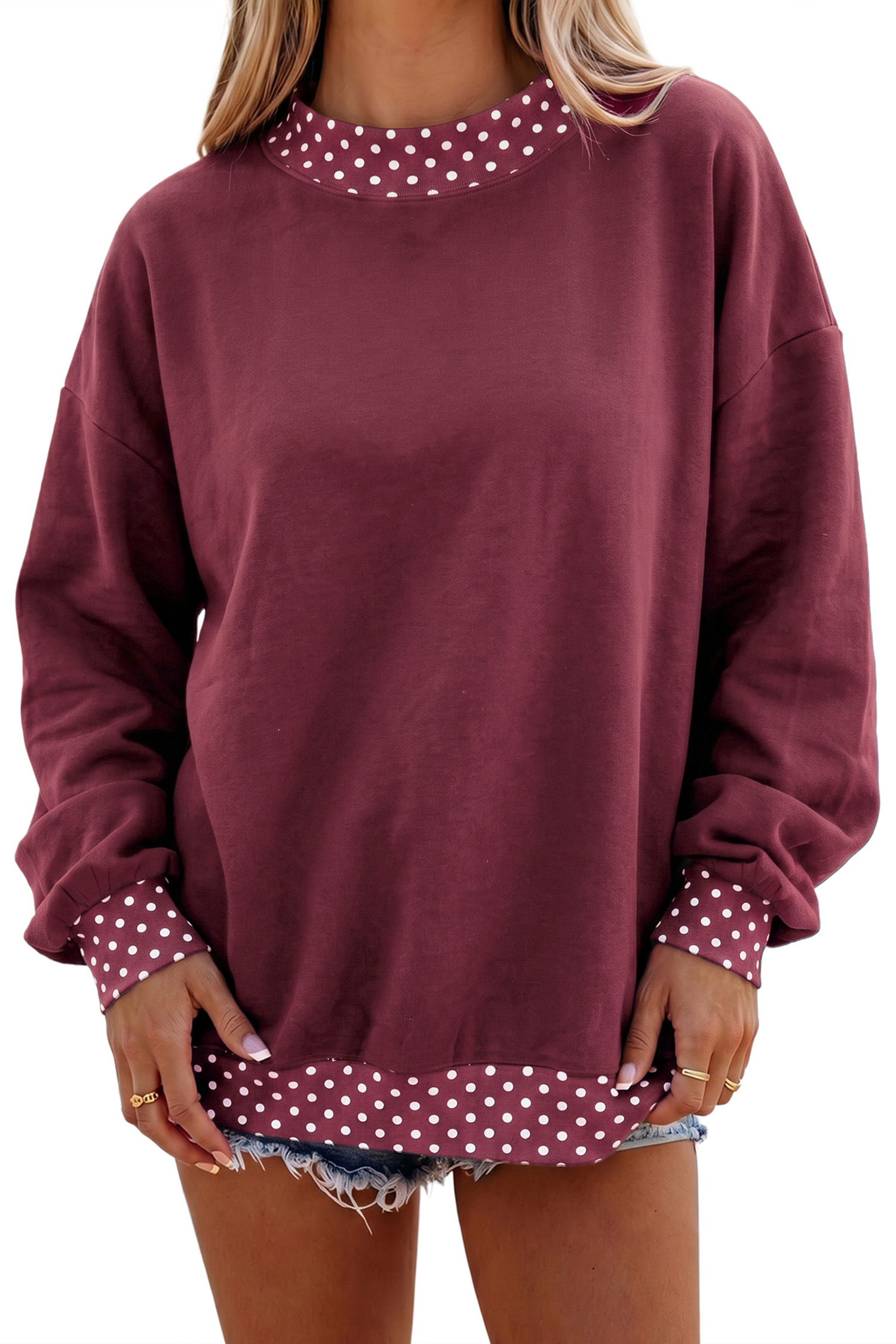 Women's Polka Dot Sweatshirt, Casual Burgundy Pullover - Main View Women's Polka Dot Sweatshirt, Casual Burgundy Pullover - Main View
